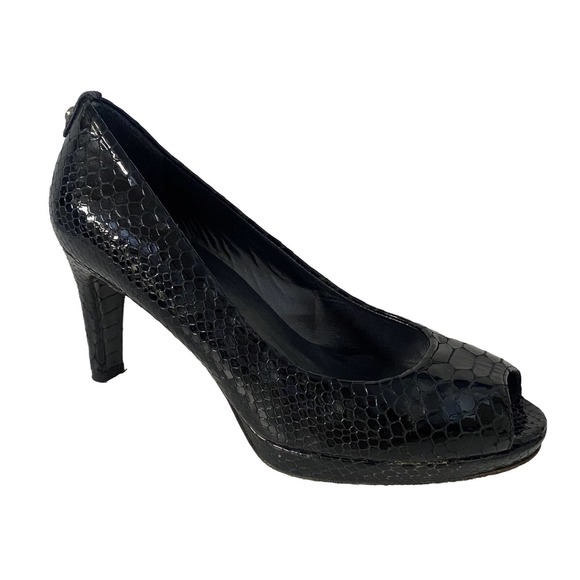Stuart Weitzman Logo Plainfield Pump Black Snake Embosse Patent Leather … - Picture 1 of 10